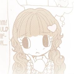 a drawing of a girl with long hair and big eyes looking at the camera while she has her hand on her chin