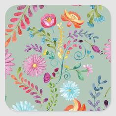 watercolor flowers on green square sticker