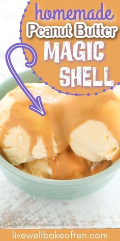 homemade peanut butter magic shell in a bowl with caramel drizzle on top