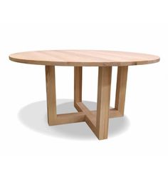 an oval wooden table with two intersecting legs and a circular top, on a white background