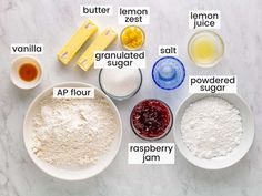 the ingredients for making an apple pie are shown on a marble counter top, including flour, butter, lemon zest, and sugar