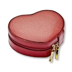 This lovely heart jewelry case is made of red bonded leather and a zip-around closure. Features include a mirrored lid, one open compartment and ring rolls, all covered with a fabric lining. The case measures 5.75 inches by 4.75 inches by 2.25 inches. Heart Jewelry Box, Exclusive Engagement Rings, Shopping Jewelry, Floral Chiffon Maxi Dress, Leather Heart, Precious Rings, Rich Money, Diamond Wedding Rings Sets, Gold Luxury