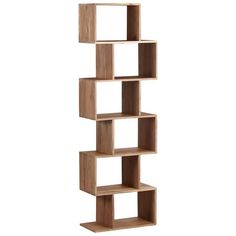 a tall wooden shelf with four shelves on each side