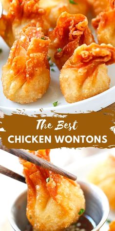 the best chicken wontons on a white plate with chopsticks in it