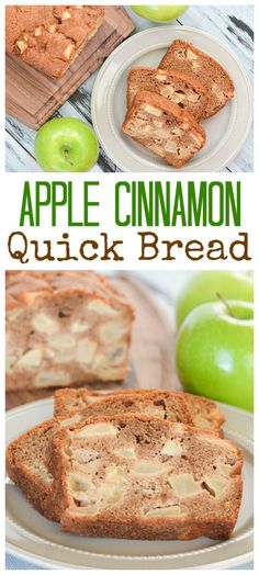 an apple cinnamon quick bread is cut in half and served on a plate with apples