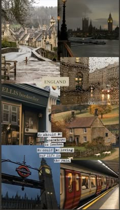 a collage of photos with buildings and a clock tower in the background, including a train passing by