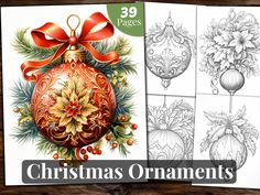 christmas ornament coloring pages with red ribbon and bow on wooden background, set of three