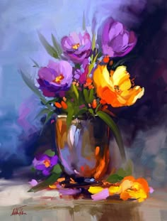 an oil painting of flowers in a vase