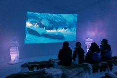 three people are sitting in front of a projection screen with snow covered mountains behind them