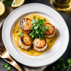 some scallops are sitting on a plate with sauce and garnishes