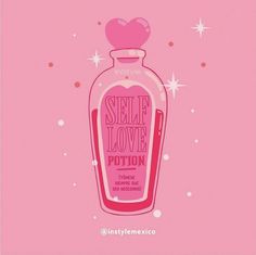 a pink bottle with the words self love written on it and stars in the background