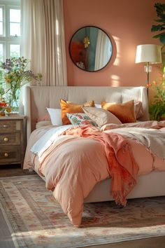 a bedroom with pink walls and white bedding in the center, surrounded by potted plants