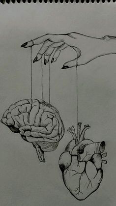 two hands holding strings connected to a human heart and another hand with pencils hanging from it