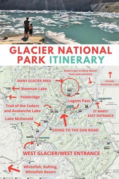 the glacier national park and it's location map with red arrows pointing in different directions