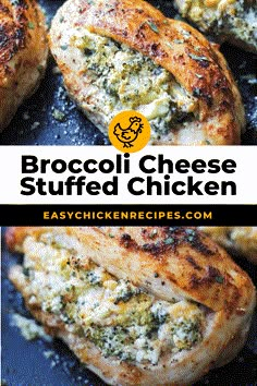 stuffed chicken with broccoli and cheese on it is shown in front of the image