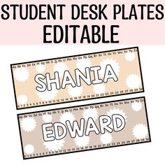 the student desk plates editable for shanta and edward are shown in black and white