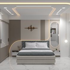 a modern bedroom with marble flooring and white walls, along with a large bed