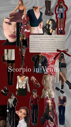 a collage of women's clothes and shoes with the caption scorpion in venus