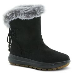 Flexus Style: Snowbird You will be warm, cozy and dry in these waterproof boots. Featuring a super-chic faux fur cuff and fleece lining and detailed on the back with a decorative lace. Upper: Microsuede Lining: Faux Fur Insole: Faux Fur Outsole: Polyurethane Closure: Slip-on Heel Height: 1 1/2" Platform Height: 1" Circumference: 11 1/2" Features: - Comfort, Flexible Sole, Padded Insole, Waterproof Size: 7.  Color: Black.  Gender: female.  Age Group: adult. Warm Snow Boots, Waterproof Snow Boots, Spring Step Shoes, Chelsea Boots Women, Round Toe Shoes, Waterproof Winter Boots, Leather Riding Boots, Snow Boots Women, Chunky Boots