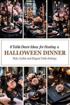 table decor ideas for hosting a halloween dinner with pink, goth and elegant table settings