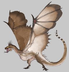 a large white and brown dragon with its wings spread out, it's mouth wide open