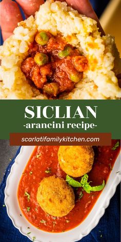 the recipe for sicilian arancini is shown in this collage