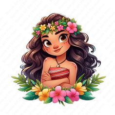 a girl with long hair and flowers around her head