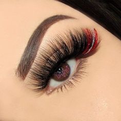 Full Strip Lashes -Cruelty-Free- Handmade                 Mink Couture Lash Collection                                   R E D  H O T     Natural Black/Red 25mm 3D Volume Long & Fluffy Flared With Red/Silver Glitter  One Strip Of Silver  Reusable With Proper Care Lashes have a strip of color that is underneath the lash strip.  Photo is magnified to show the effect of the hi-lighted color. Please remove Lashes from the Lashbox to see the hi-lighted color.  Lash Safety: Lashes are made with a Cosm Eyelash Extensions With Red Color, Christmas Eyelashes Extensions, Eyelash Extensions With Red At The End, Red And Green Lash Extensions, Red And White Eyelash Extensions, Lashes With Red Color, Lashes With Red At The End, Lash Extensions With Red Color, 4th Of July Lash Extensions