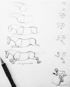 some drawings of horses and people doing different things in the same direction, including one horse