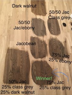 wood flooring that has been cleaned and labeled with different types of stain on it