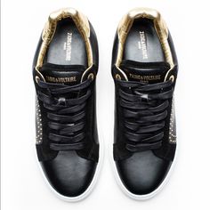 Zadig & Voltaire Black And Gold Skull Sneakers. They Have Been Worn But Are In Great Condition! Gold Skull, Zadig And Voltaire, Gold Leather, Black And Gold, Leather Sneakers, Womens Shoes Sneakers, Calf Skin, Womens Sneakers, Athletic Shoes