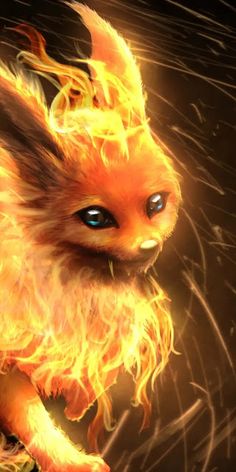 a digital painting of a small animal with blue eyes and yellow flames on its body