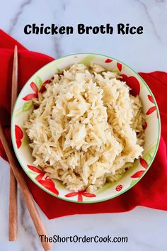 chicken broth rice in a bowl with chopsticks