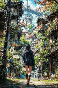 a woman walking down a street with lots of buildings in the background and trees on both sides