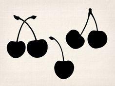 three cherries on a white background with black silhouettes in the shape of two cherries