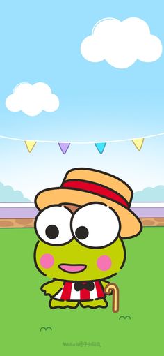 a cartoon character with a hat and umbrella in front of some flags on the grass