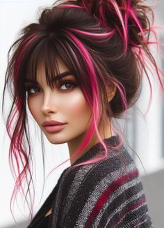 Haircuts For Women Curly Hair, Hot Pink Peekaboo Hair, Peekaboo Pink Hair, Short Haircuts For Women Curly, Spunky Hairstyles, Messy Bun With Bangs, Pelo Color Vino, Pink Hairstyles, Pink Hair Ideas