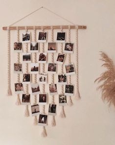 a white wall hanging with pictures on it and some feathers in the corner next to it