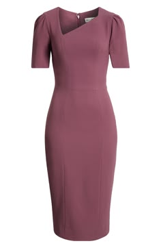 Step away, stylistically, from the standard sheath dress and stand out in this version, which makes an artful statement with its off-center neckline. 44 1/2" length (size Medium) Hidden back-zip closure Asymmetric square neck Short sleeves Lined 97% polyester, 3% spandex Dry clean or machine wash, line dry Imported Chic Fitted Midi Dress With Boat Neck, Elegant Dress With Asymmetrical Neckline For Office, Elegant Office Dresses With Asymmetrical Neckline, Short Sleeve Feminine Bodycon Dress For Formal, Feminine Short Sleeve Formal Bodycon Dress, Feminine Short Sleeve Bodycon Dress For Formal, Formal Feminine Short Sleeve Bodycon Dress, Asymmetrical Neckline Dresses For Workwear, Elegant Fitted Midi Dress With Boat Neck