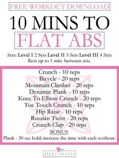 the 10 mins to flat abs workout plan is shown in pink and white, with instructions