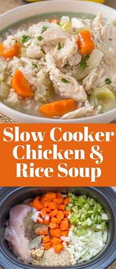 slow cooker chicken and rice soup in a bowl