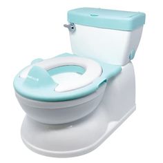 a blue and white toilet with the lid up