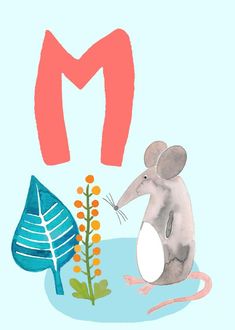 a drawing of a mouse in front of a letter m and a plant with leaves