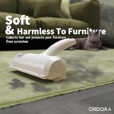 a cat laying on top of a green rug next to a remote control with the caption soft & harnessless to furniture collects and protects your furniture from scratches