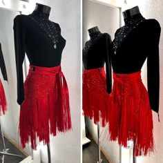 two mannequins dressed in red and black with sequins on them