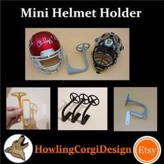 several different types of sports equipment are shown in this advertisement for the mini helmet holder