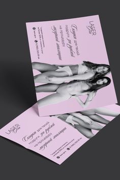 the front and back of a pink card with an image of a woman on it