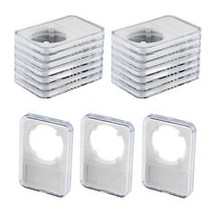 six clear plastic square containers with lids on each side and four smaller ones in the middle