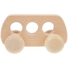 a wooden toy car with three knobs