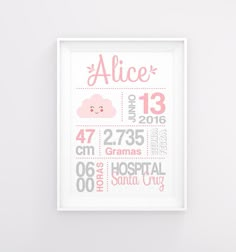 a baby's birth print in pink and grey with the name alice on it